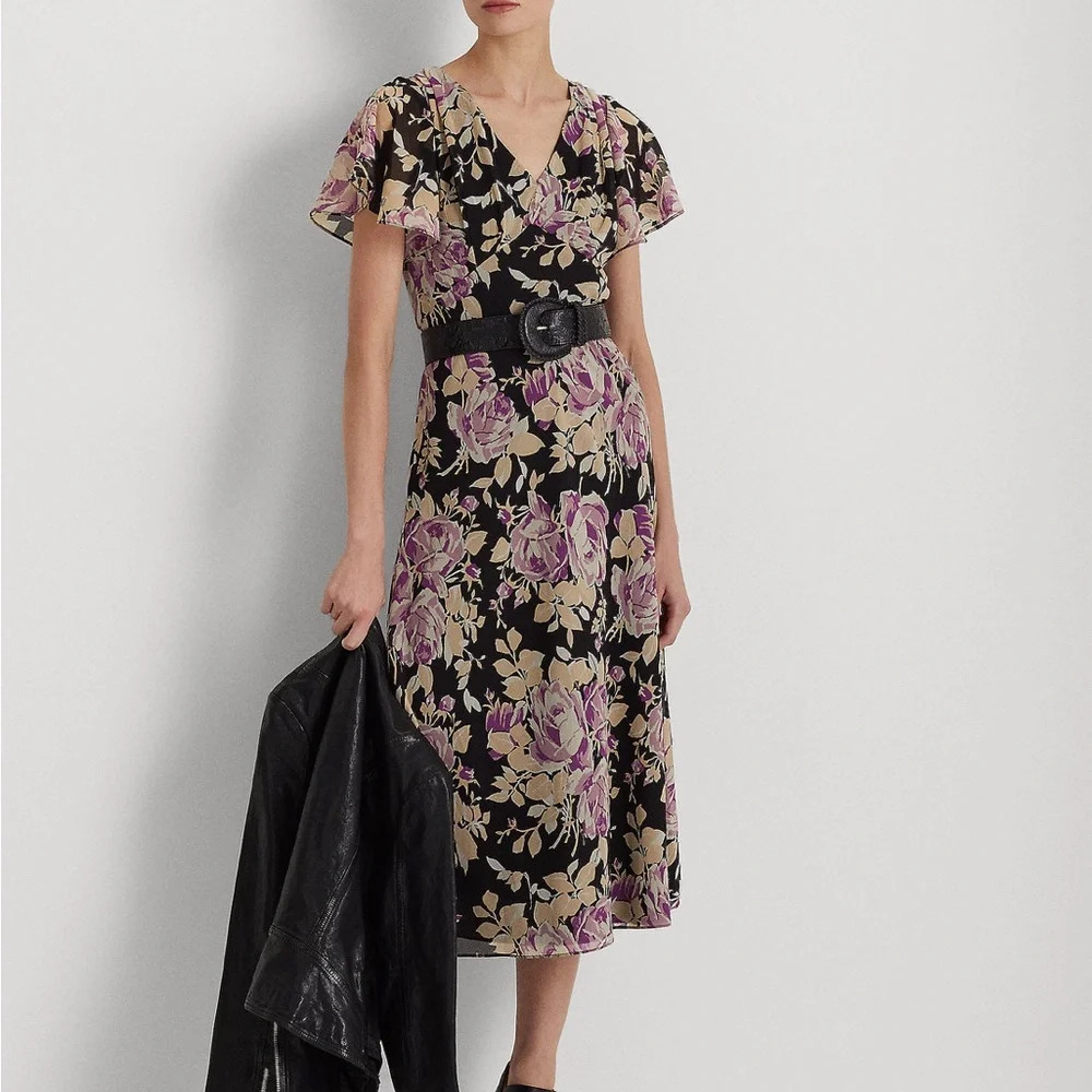 Lauren Ralph Lauren Floral Crinkle Georgette Dress 8 Midi V Neck Black Purple